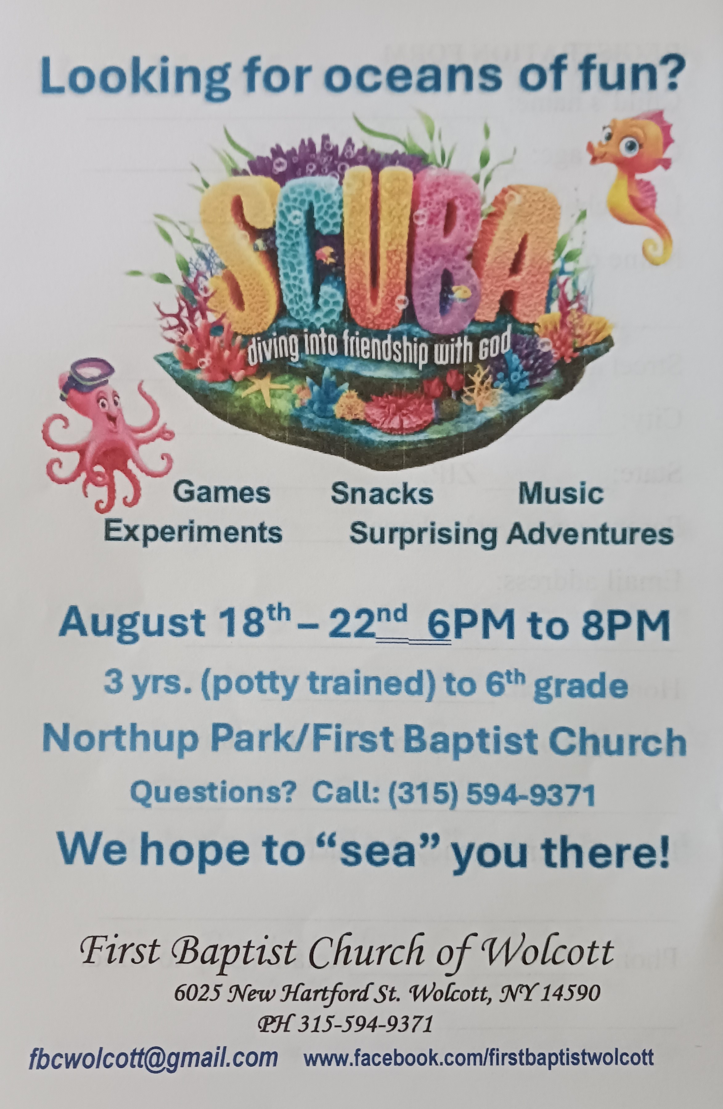 Weekly Services & Activity Calendar First Baptist Church of Wolcott, NY